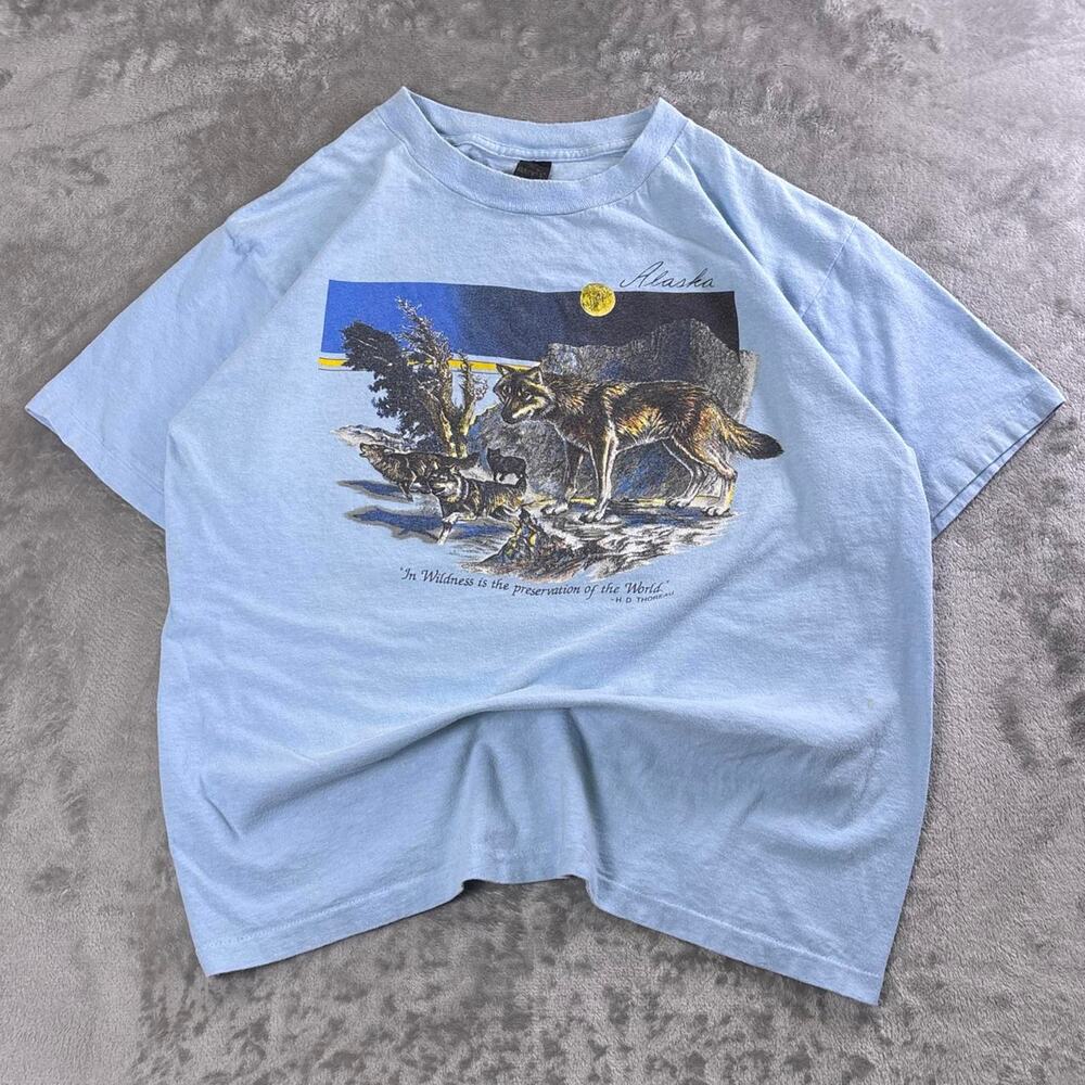 Vintage 80s Devils Tower Wyoming Wolf T-Shirt Men’s XL Anvil USA Made Blue